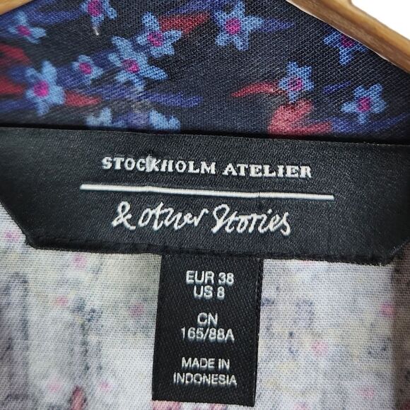 AND OTHER STORIES Dress Womens 8 Blue Floral Fit Flare Shirtdress Long Sleeve - Picture 10 of 10